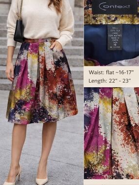 Context Silk Pleated Skirt Size 16 Abstract Print Multicolor A-Line Boutique Lux